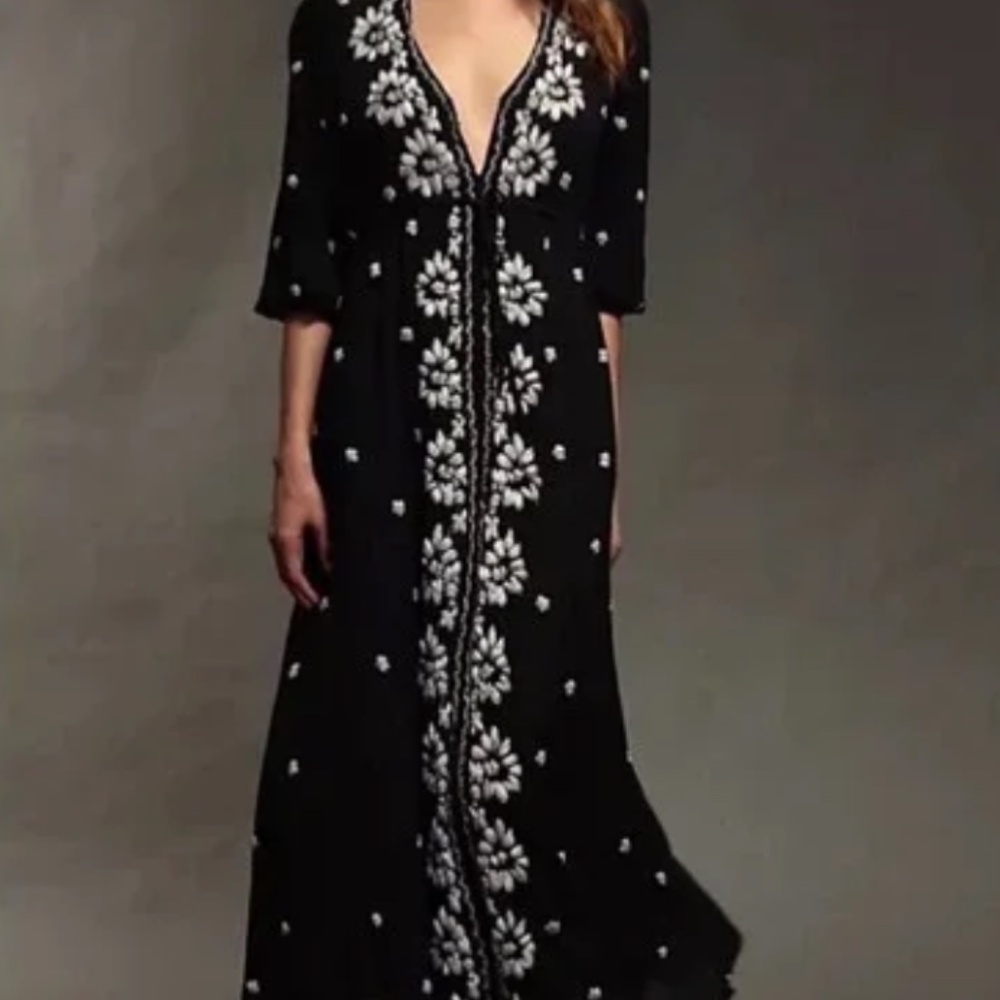 Free People Long Floral Embroidered Dress Fable Back Maxi Size L - worn ONCE!